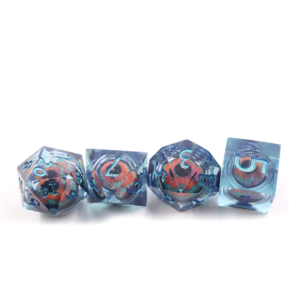 Custom 16mm Dnd Blue Dice Board Game Resin sharp Edge D4-d20 Polyhedral Dice Include Blood Eyes 7pcs Dice Set