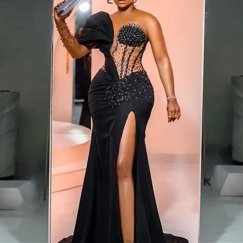 One Sleeve Beads Sequined Formal Long Dubai Arabic Robe Party Evening Gowns  Occasional Glitter Black Prom Dresses