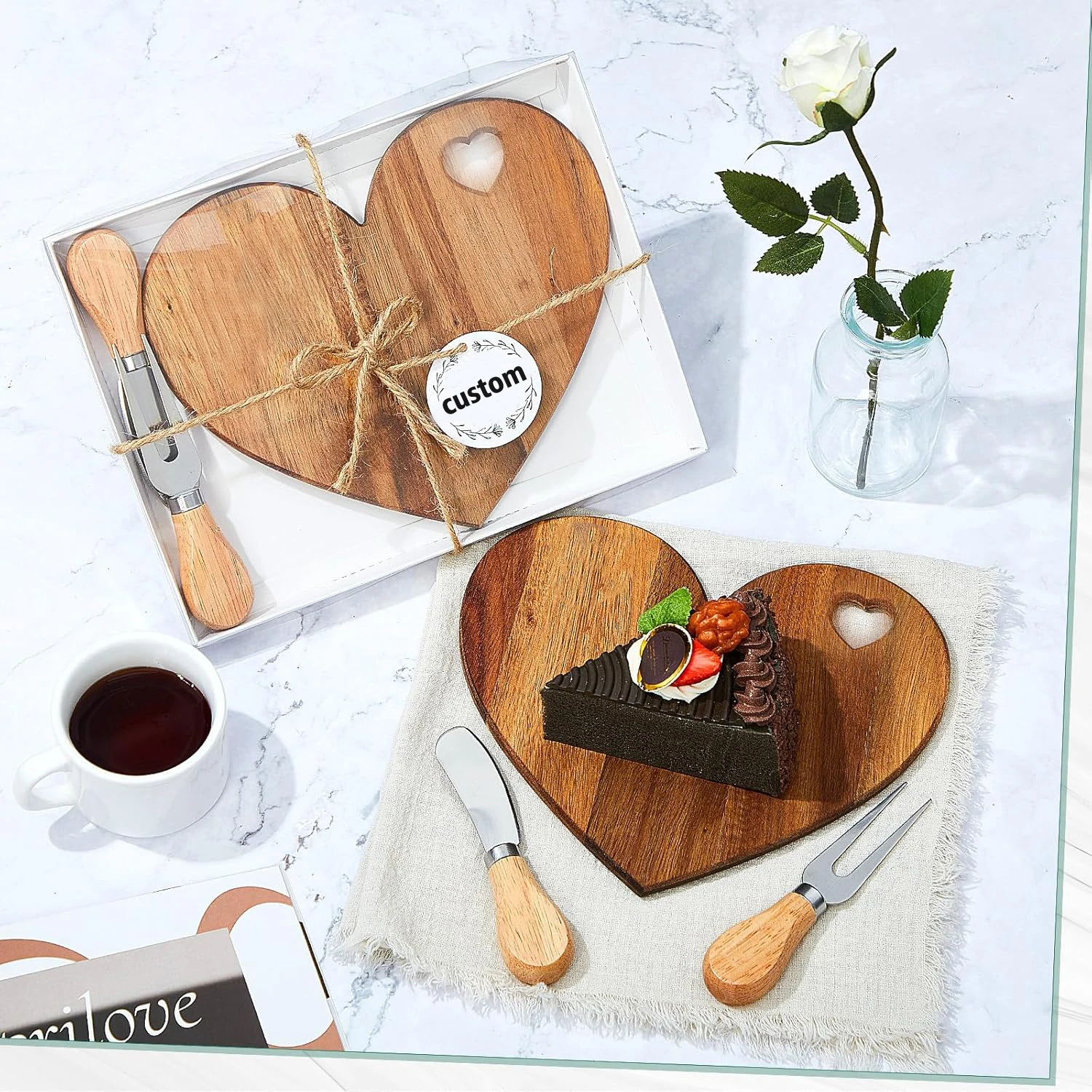 Valentines Day Gifts Wholesale Bridal Shower Favor Acacia Wood Mini Charcuterie Board Cutting Wooden Heart Shaped Cheese Board