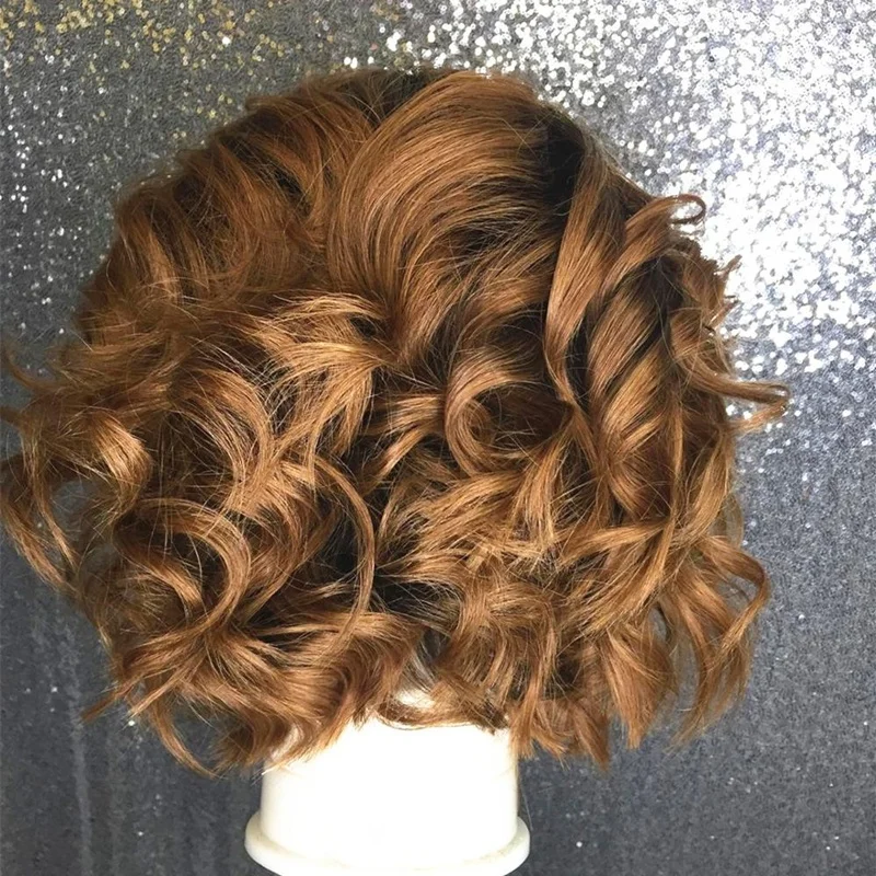 Drop Shipping Ombre Brown Highlight Color Wave Pixie Bob Raw Burmese Cuticle Aligned Hair Lace Frontal Wigs
