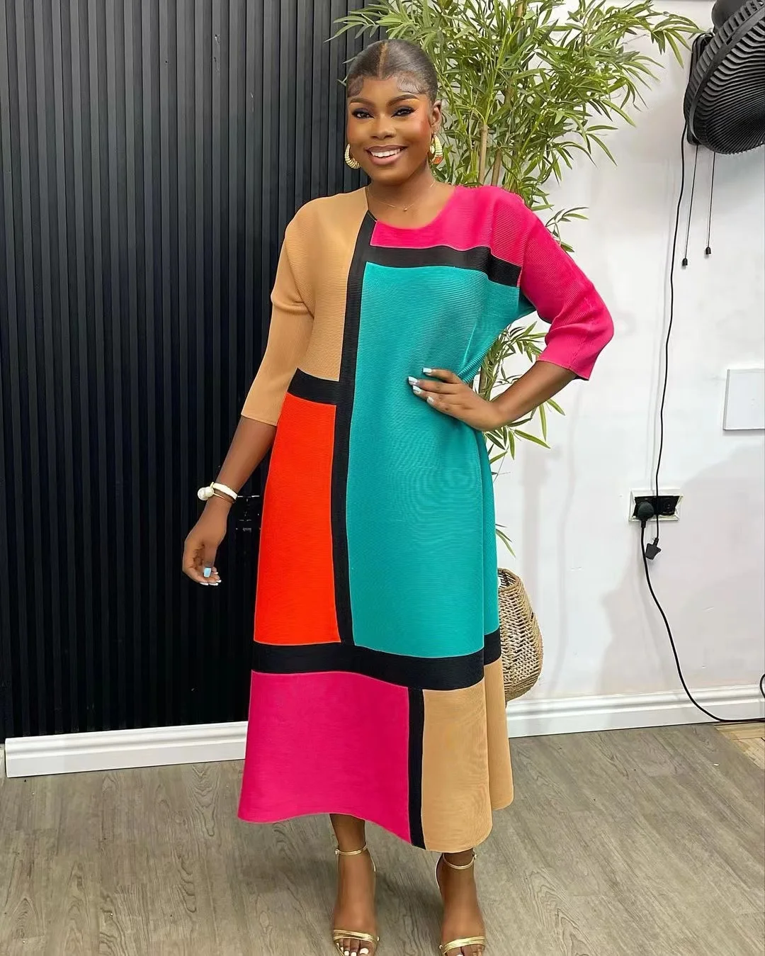 2023 Spring Pleated Dress Long Length Color-Blocking Lump Nigeria Fashion  Dress of Women