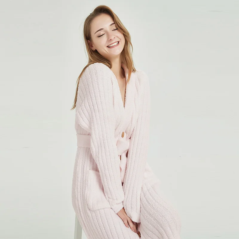 Creative Design Button Knit Pajamas with Belts Home Wear Long Warm Microfiber Robe Dne Sleepwear Women Pajamas Nightwear 2 Piece details