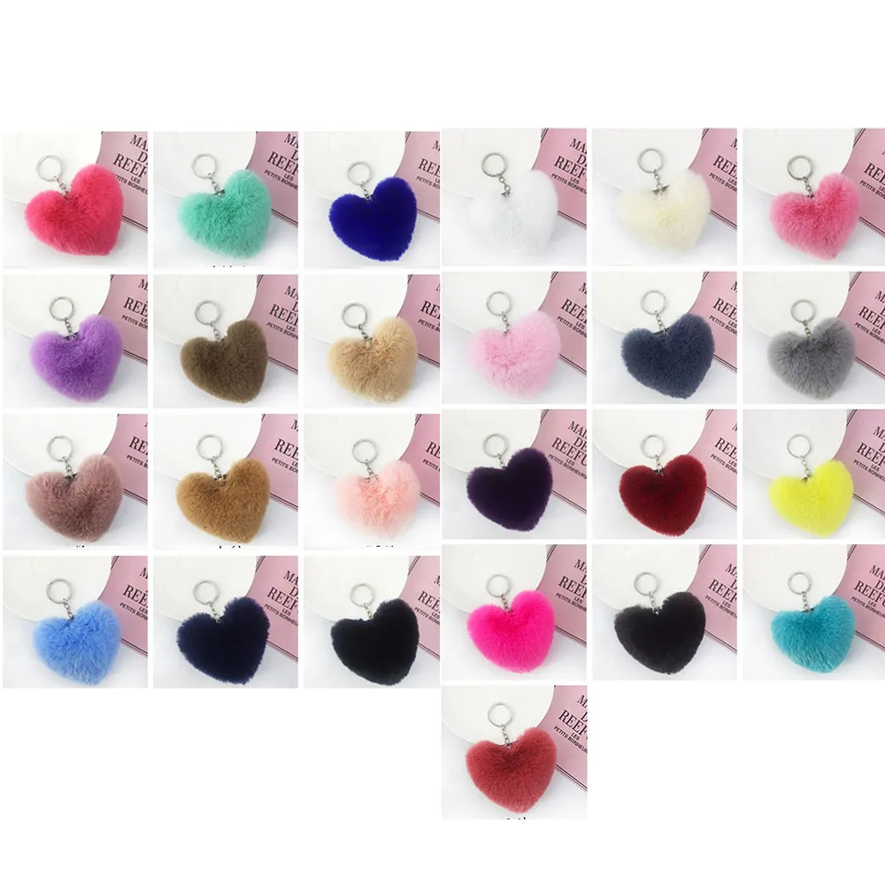 24 pcs Faux Fox Fur Pom Poms Keychain Heart shape Fluffy Puff Ball Key  Rings Bulk Diy for Girls Women for Valentine Day Gift (24pcs) 