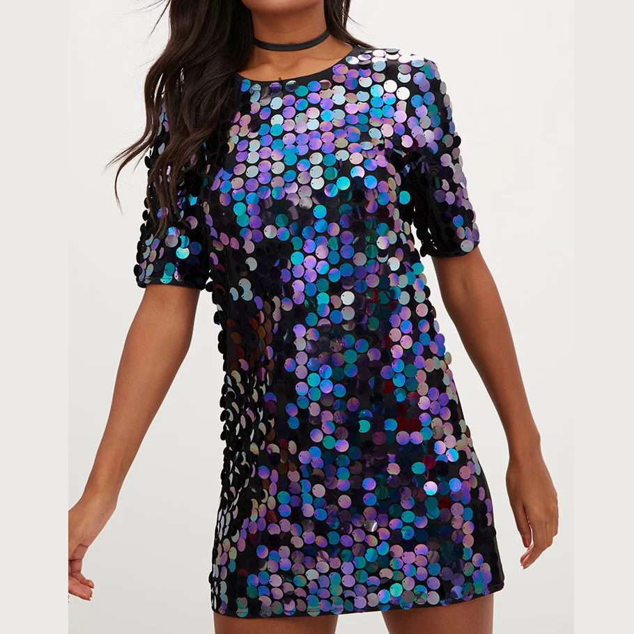 Custom Shiny Crew Neck Short Sleeve Navy T Shirt Mini Sequin