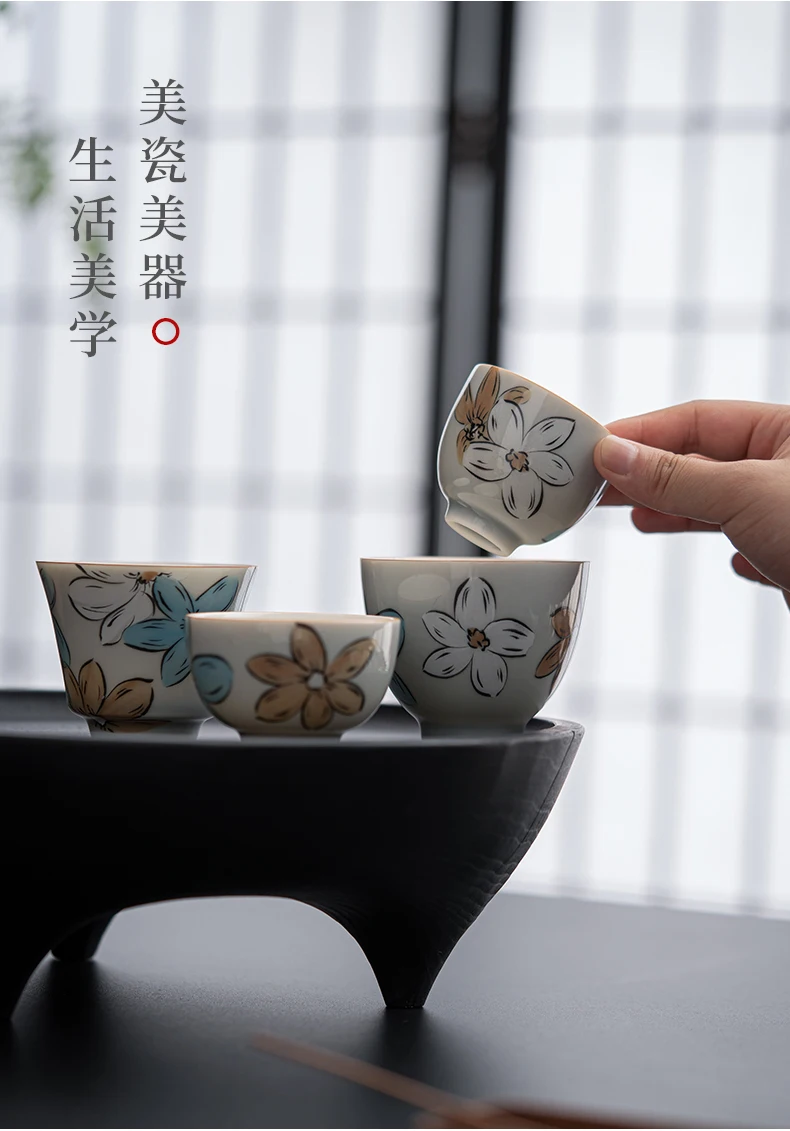 Japanese-Style Ice Grey Porcelain Tea Cup with Retro Chinese Design for Serving Tea and Coffee for Hostess or Drinkware