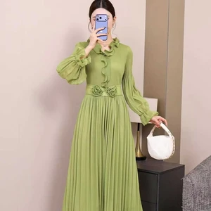 2025 New Ruffled Neckline Rose Belt Maxi Dress Women's Long Sleeve Pleated Chiffon Dress