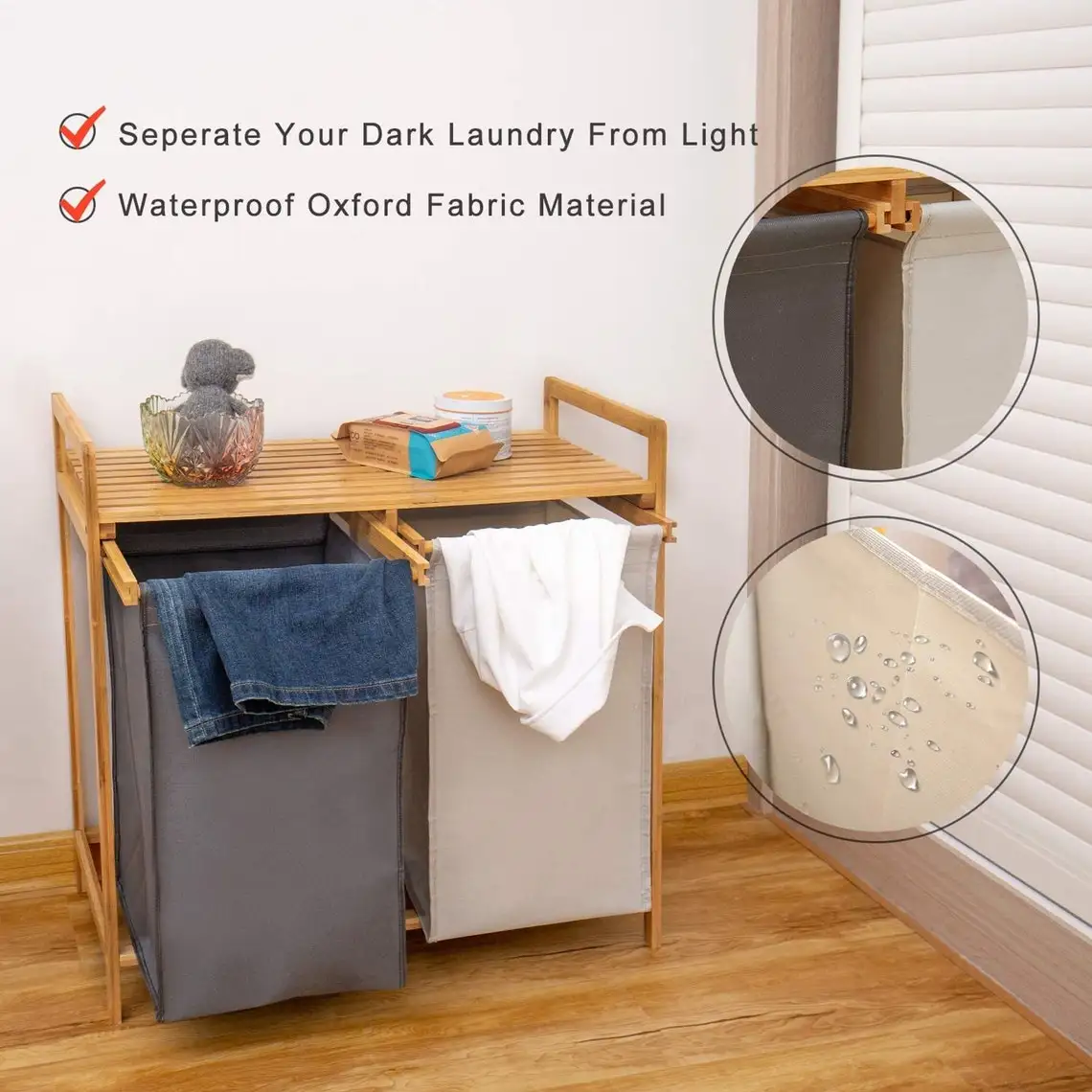 Двойная корзина для белья из бамбука двухсекционная с полкой большой