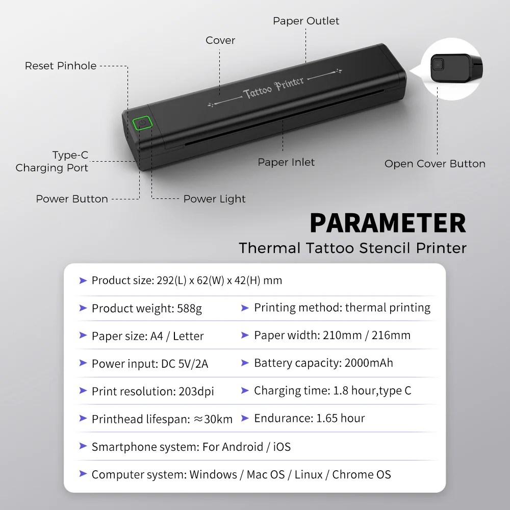 Newyes 2000mah Battery Tattoo Stencil Printer Wireless Mobile