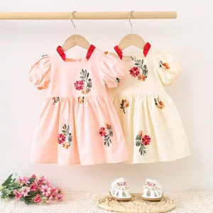 New Summer Style Girls' Puff Sleeve Princess Dresses Embroidery Knee-Length Dresses for Girls