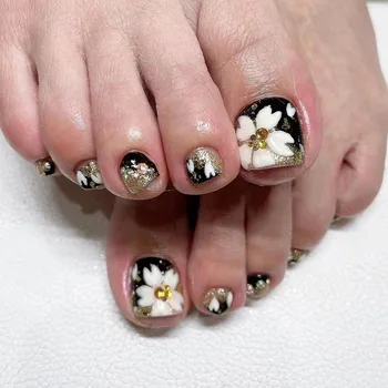 24 pcs/set French Short slanted-edge nail design with glitter rhinestones and cute white flowers toe nails Wholesale 2336/1644