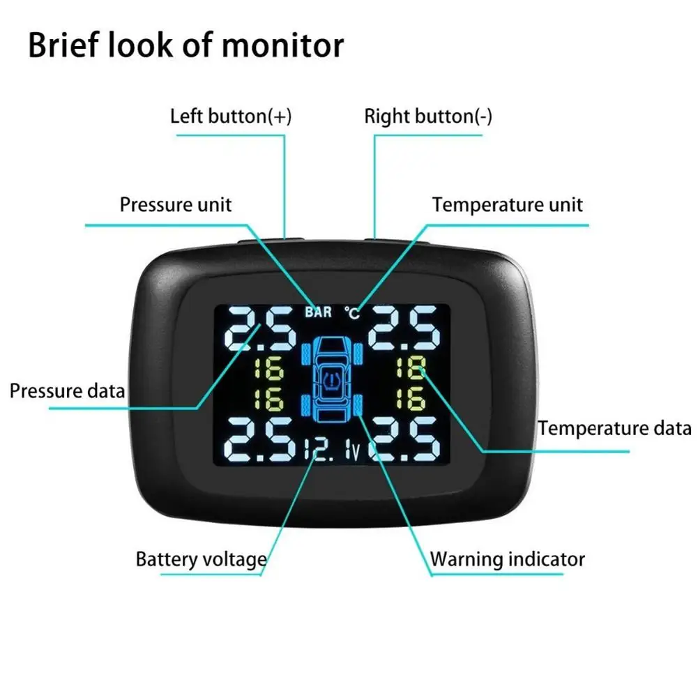 TPMS имеет USB разъем в мониторе, ЖК-дисплей, система контроля давления в шинах автомобиля, манометр с 4 датчиками