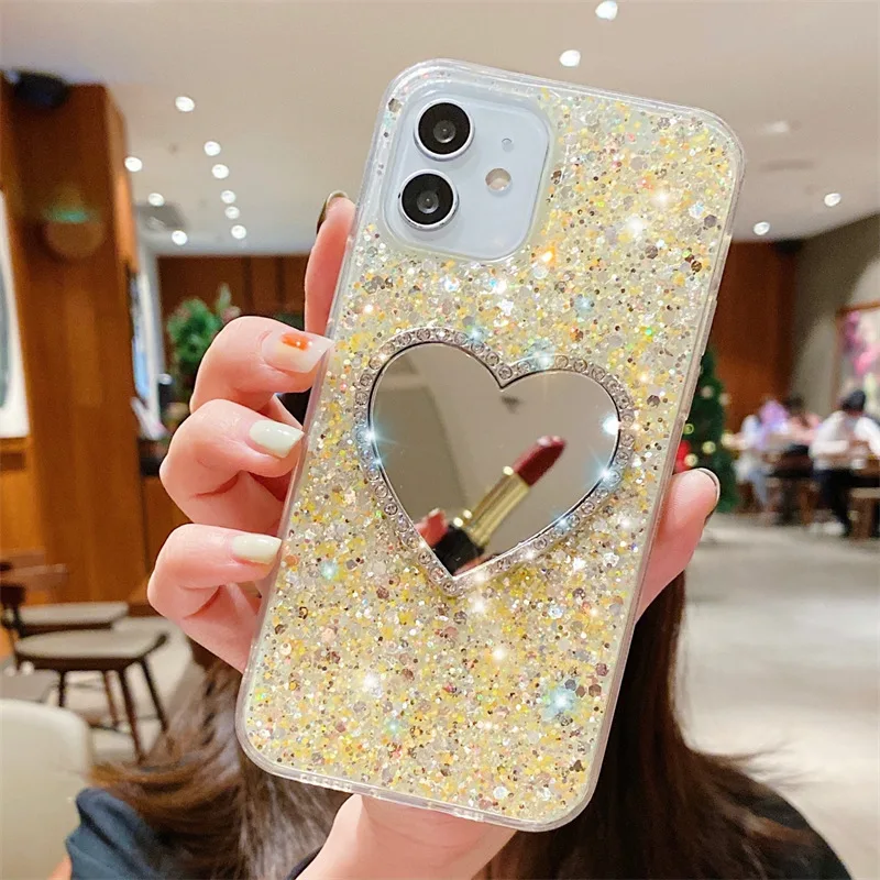 Luxury Diamond Marble Love Makeup Mirror Phone Case for iPhone 14 13 Pro Max 12 11 6 S 7 8 Plus X XR XS Max factory