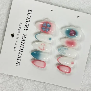 Wholesale 10pcs 3D heart Hand Painted Gel Press Nails Beautiful Luxury Customized Design Artificial press on nails