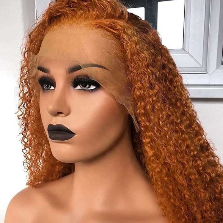 Cuticle Aligned High Density Orange Kinky Curly Raw Cambodian Human Hair Lace Frontal Wigs