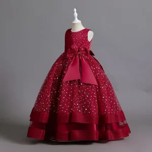 New Children Christmas Big Bow Dress Girls Sleeveless Long Formal Party Dress Sequin Lace Princess Dresses Flower Girl Dresses
