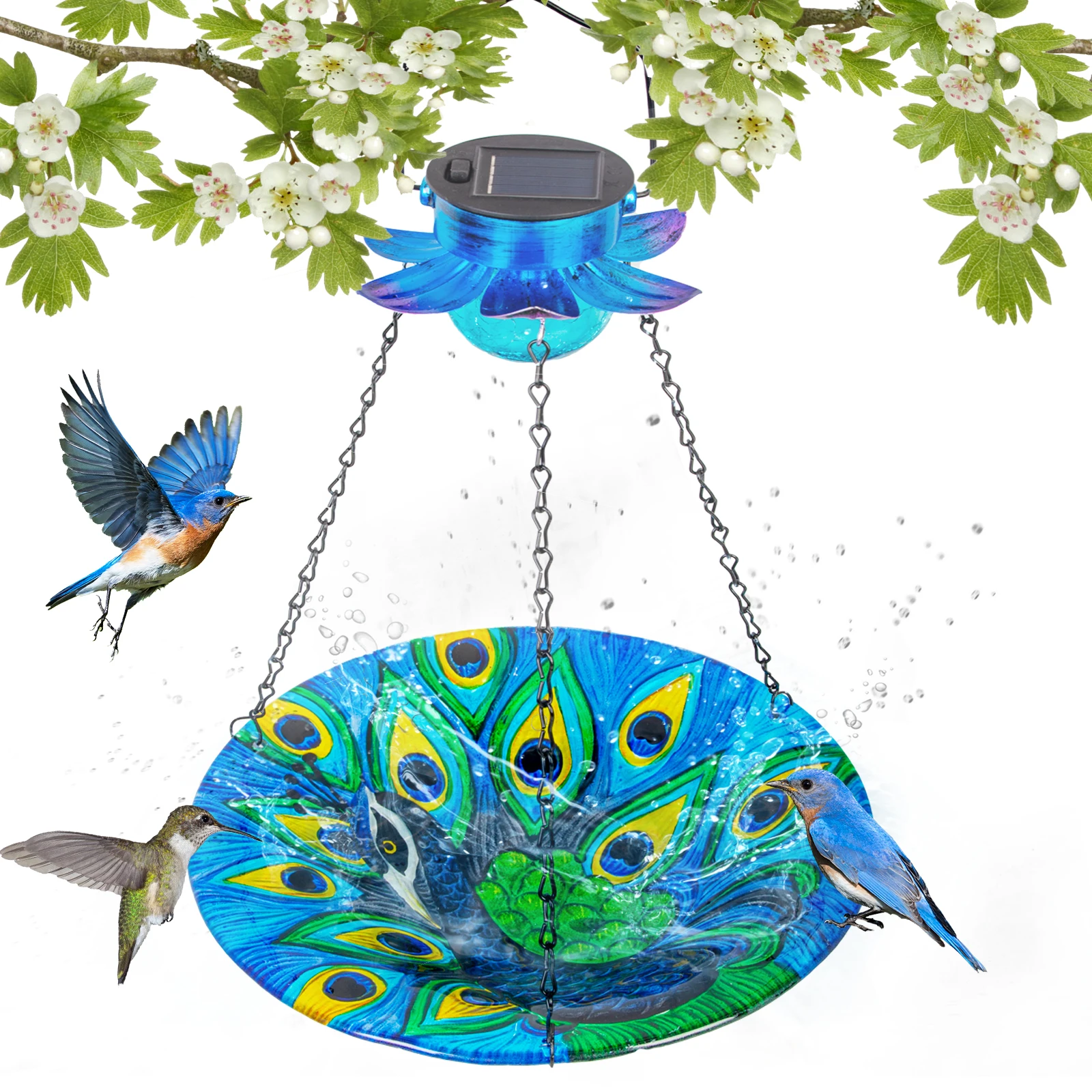 Solar Bird Bath Outdoor Hanging Glass Peacock Birdbath 10.6" Solar Bird Feeder Lights for  Patio Yard