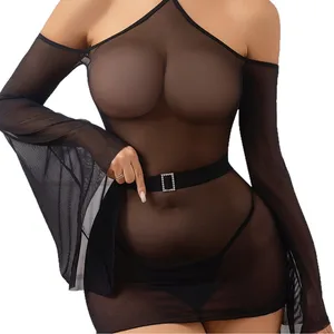 New Women's Sexy Mesh Jumpsuit Semi Transparent Erotic Short Skirt with Hanging Neck Exposed Shoulder and Long Sleeved Design