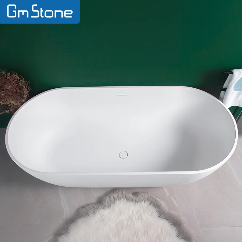 GM Luxury 1.5m White Oval Resin Artificial Stone Freestanding Bathtub Modern Romantic Design with Overflow for Hotel Soaking