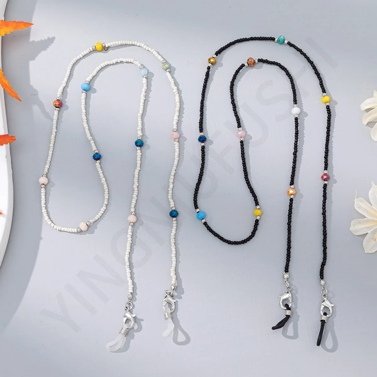 Лидер продаж акриловые контрастные очки с рисовыми бусинами цепочка женская модная маска на