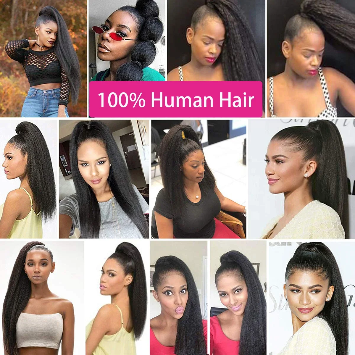 Extensii de coadă de cal cu șnur, drepte și crețe, cu clips, păr uman, păr natural Remy brazilian, 16-26 inci_voghion.com