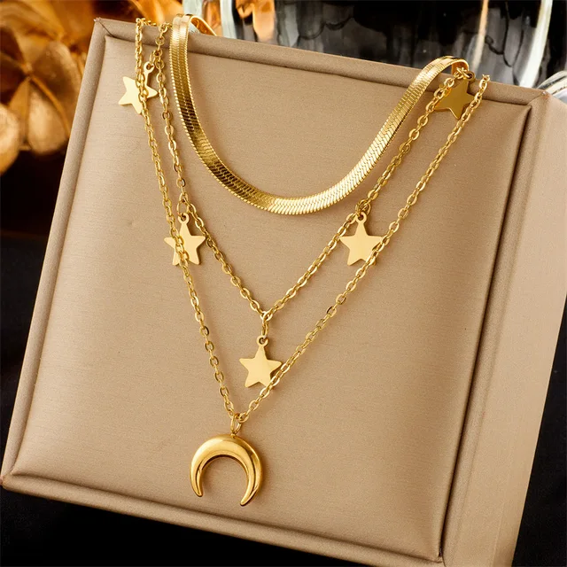 Necklace Stainless Steel Jewelry Star Moon Charm Snake Chain Stainless Steel Woman Necklace 3 Layer Stainless Steel Necklace Lot