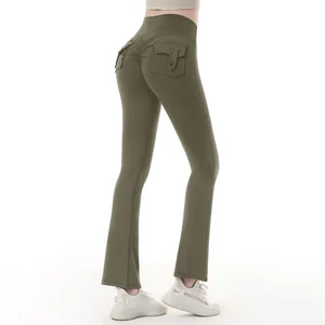 Plus Size High Waist Flared Cargo Yoga Leggings - 4-Way Stretch High Elasticity Women Fitness Pants with Pocket