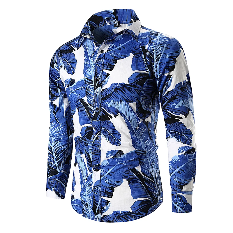 In Stock Eco Friendly Male Long Sleeve Big Printed Tropical Holiday Causal Shirts For Men