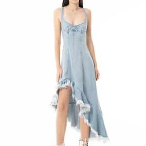 Wisrise Fashion Custom Streetwear Women's Light Wash Denim  Asymmetric Slit  Ruffled Fringe Hem Midi Dress