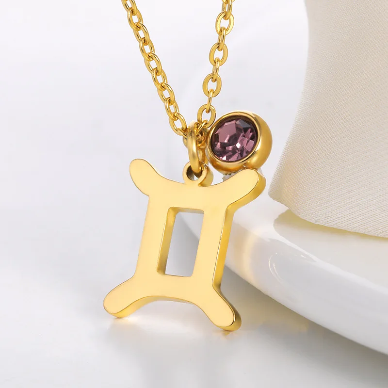New Gold Color Colorful Birthstone Zodiac Sign Necklace Stainless Steel Pendant