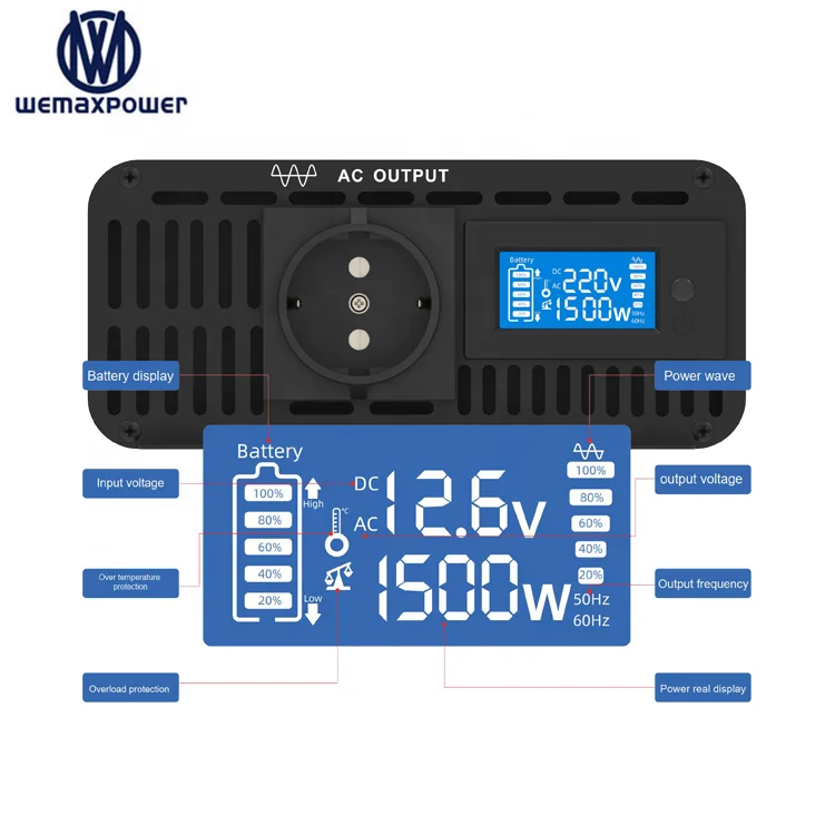 LCD Display DC AC Inverters 12V 24V 48V DC to 110V 220V AC Pure Sine Wave Power Inverter 1500W