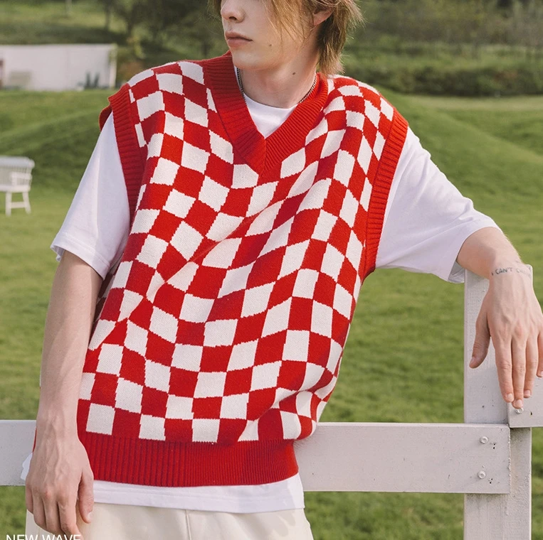 Men's Knit Sleeveless Vest Streetwear Red White Stripes