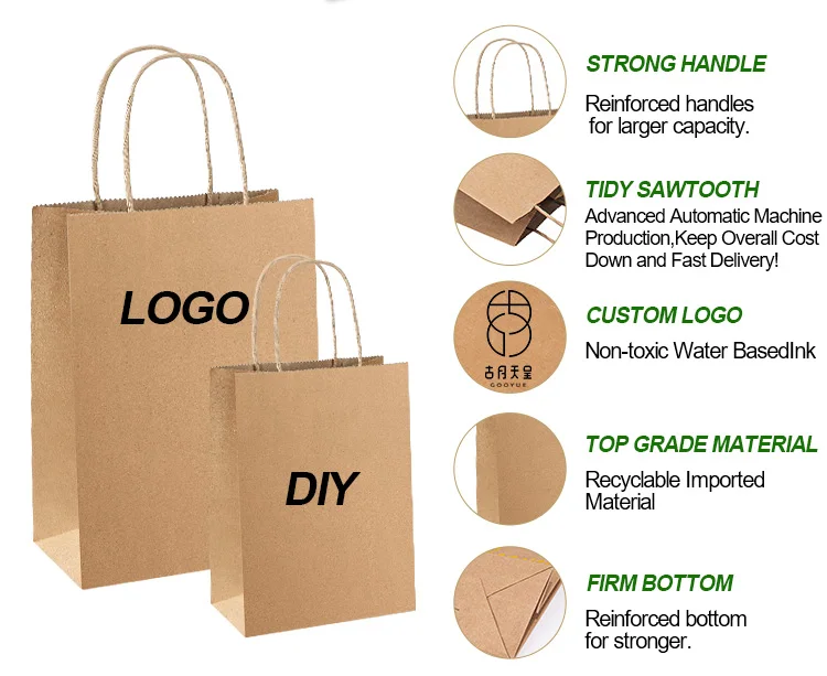 Recyclable Brown Custom Paper Food Bag Shopping Handle White Kraft