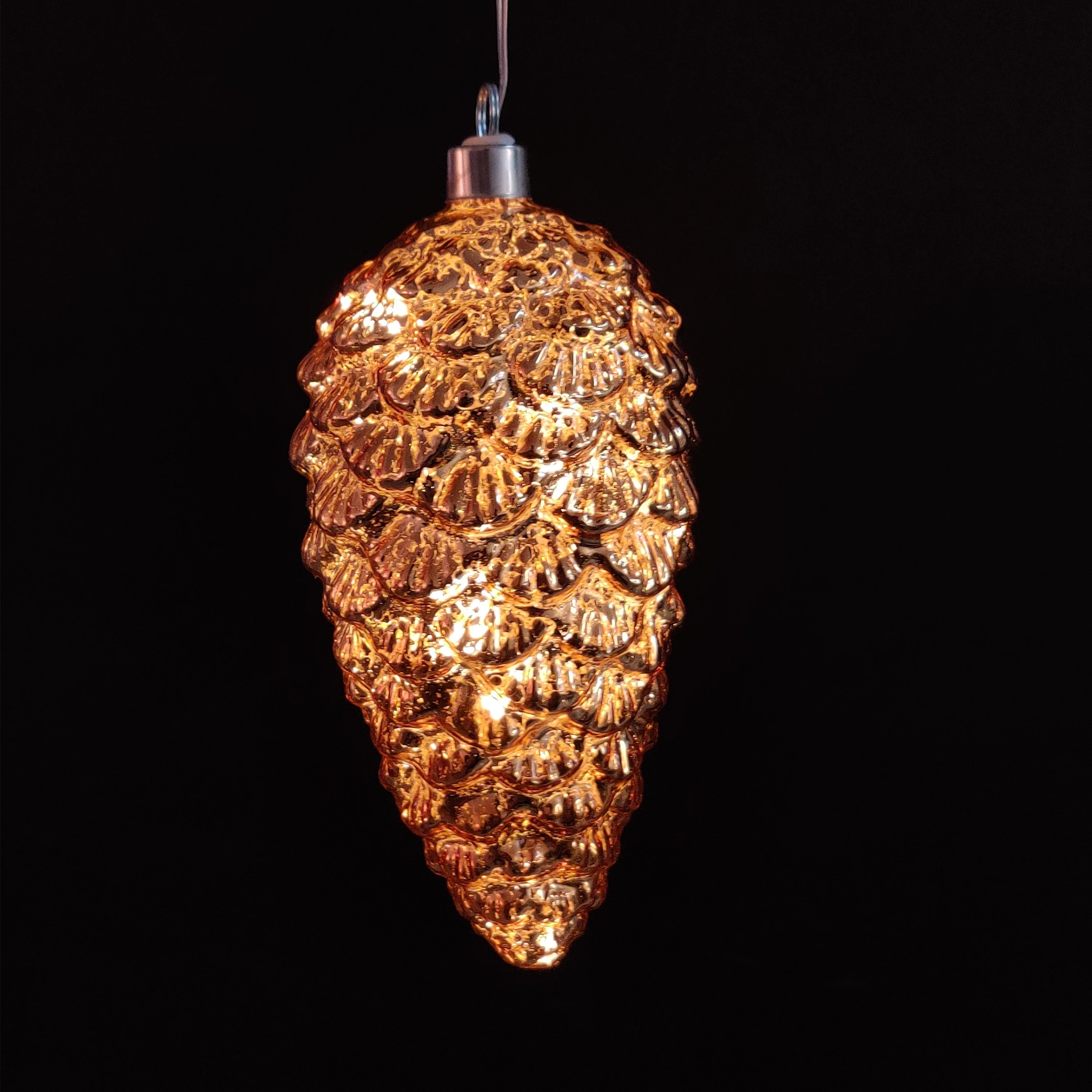 Shiny Christmas new style  glass hanging gold pine cone shaped ball led lights