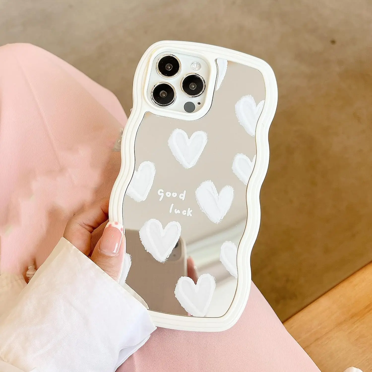 Case for iPhone 16 Pro Max Cute Heart Mirror Curly Wave Frame Shape Slim Silicone Shockproof Protective Cover with White Hearts details