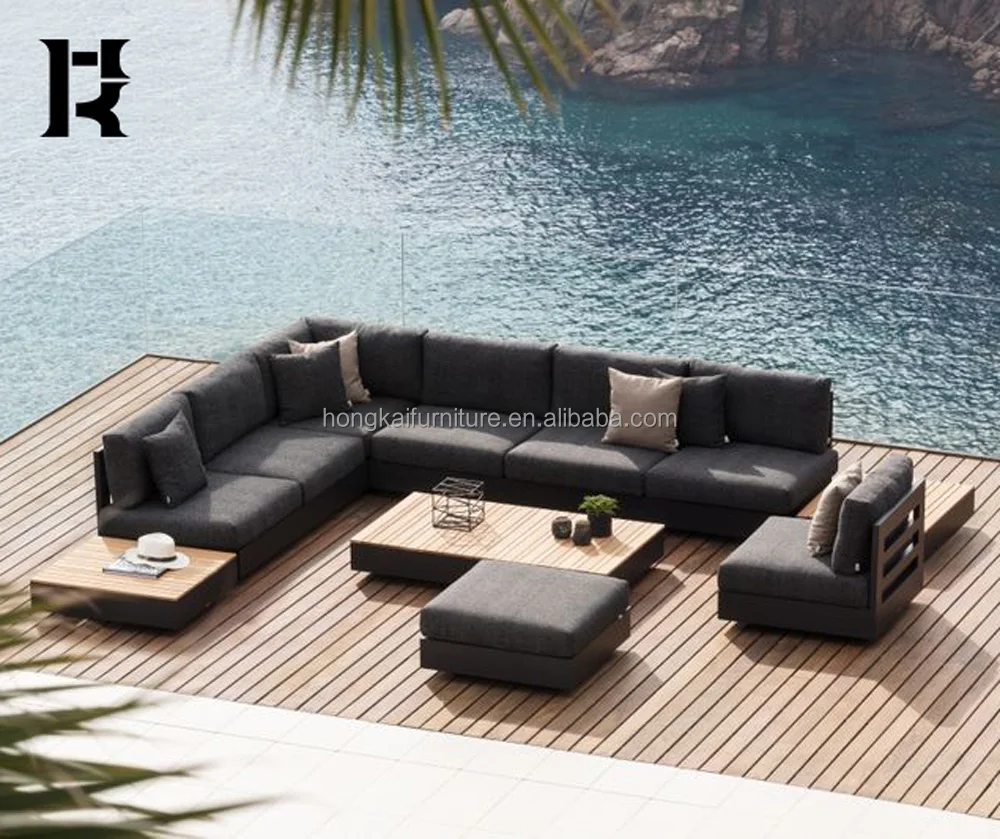 Luxury Modern aluminum furniture garden sofa set patio aluminum outdoor sofa hotel Villia poolside teak L sectional sofa