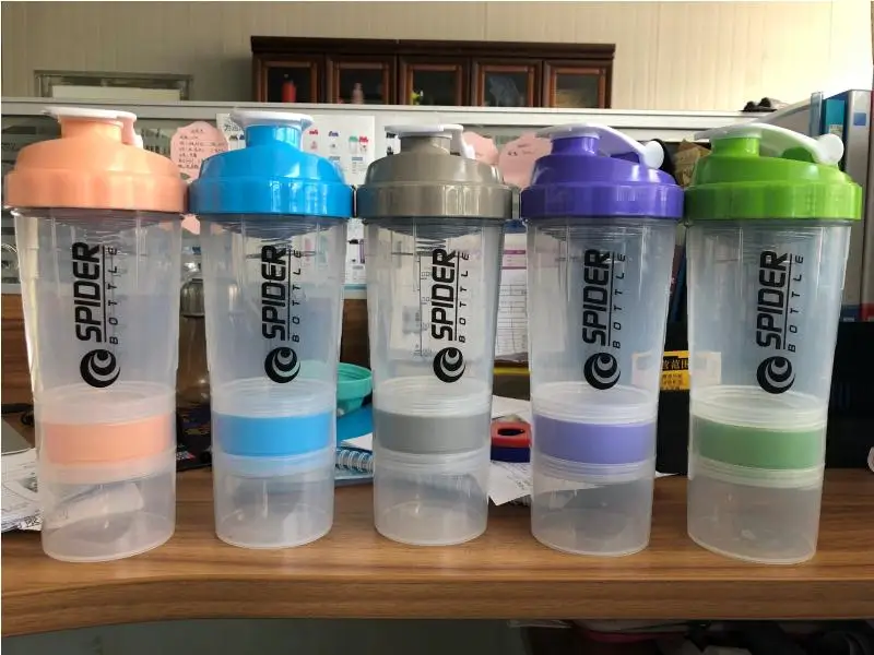 500ml 3-in-1 Plastic Spider Protein for Shaker Bottle with Two Powder Storage Cups and Compartment for Drinkware