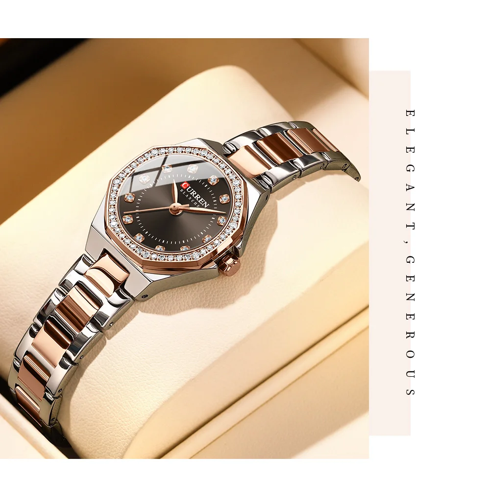 CURREN 9100 Female Stainless Steel Strap Quartz Women's Luxury Elegant Simple Diamonds Ladies Watch Waterproof Luminous Watches