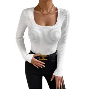 Hot Selling Women's Sexy Slim Long Sleeve Knitted Top Custom Size Versatile Korean Style Casual Top for Spring Autumn Front Logo