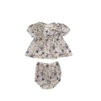 2024 Summer baby girl's flower printed square collar short sleeve top + Baby Bloomer set