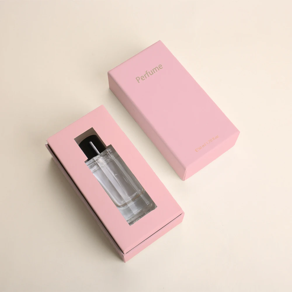 Boîte d'emballage de parfum de luxe écologique personnalisée en rose avec base rigide, couvercle et doublure en papier mat laminé