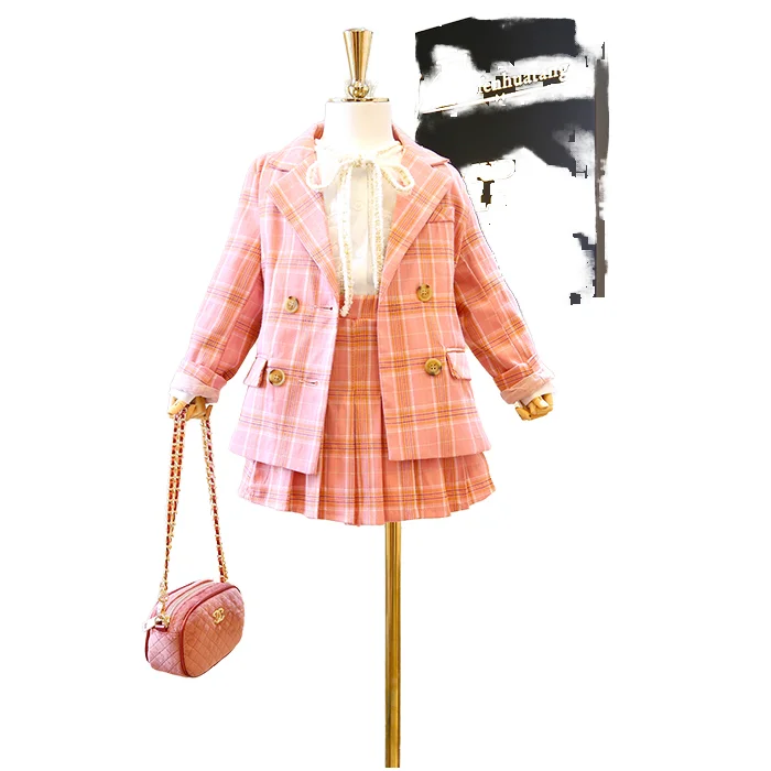 Classy Casual School Style 2025 Spring Autumn Kids Two Piece Pink Plaid Pleated Skirt Set Girls Worsted Fabric