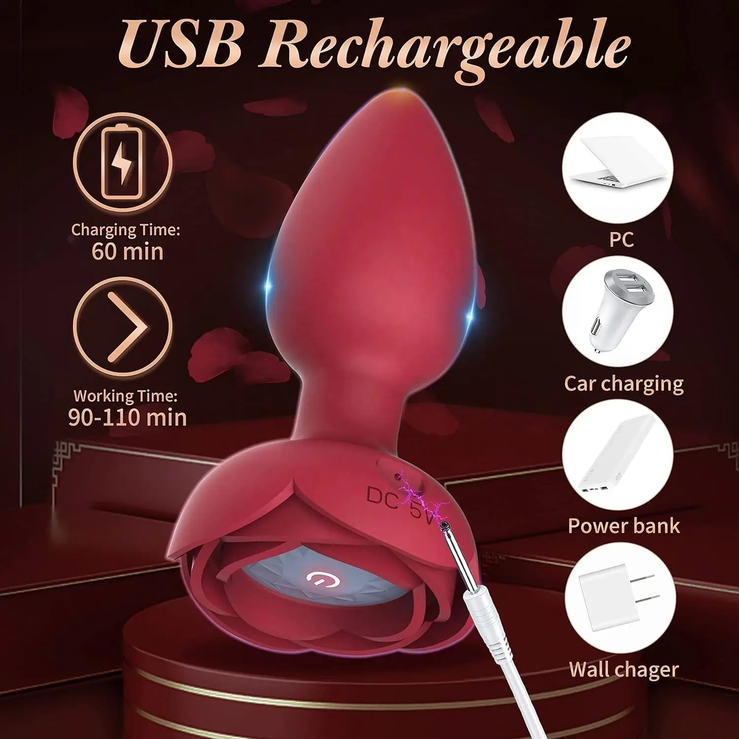 ZWFUN 7-Frequency Dual Vibration Rose Silicone Anal Plug Vibrator Wearable  Inflatable IPX7 Waterproof Anal Toy