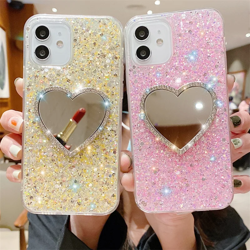 Luxury Diamond Marble Love Makeup Mirror Phone Case for iPhone 14 13 Pro Max 12 11 6 S 7 8 Plus X XR XS Max supplier