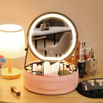 Hot Seller Cosmetic Bag with Led Mirror Led Cosmetic Bag Large Capacity Desktop Cosmetic Storage Box  Round Pocket Mirror