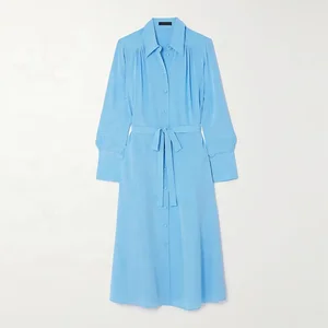 Clothing Manufacturer Custom Spring Autumn Polo Collar Long Sleeve Tie Elegant Casual Women Midi Shirt Dress
