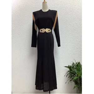 Factory Wholesale Long-sleeve Elegant Long Dress Women Autumn Winter Mermaid Golden Tassels Black Party Office Ladies Dress