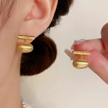 2025 Latest European American Design Simple 14K Thick Gold-Plated  Needle Personalized Dangle Brushed Ball Earrings