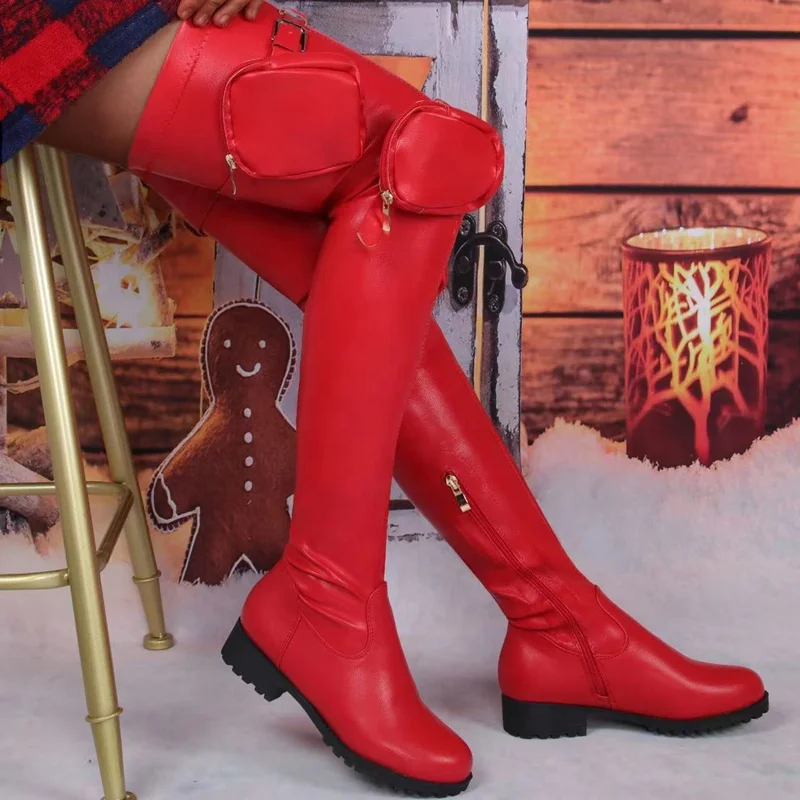 Womens Boots Red Flat Thigh High Boots Winter Flat Over The Knee