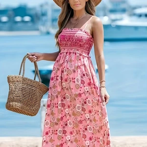 Women Sexy Floral Printed Slip Long Dress V-neck Boho Holiday Beach Summer Dresses New Fashion Sleeveless  Casual Dress