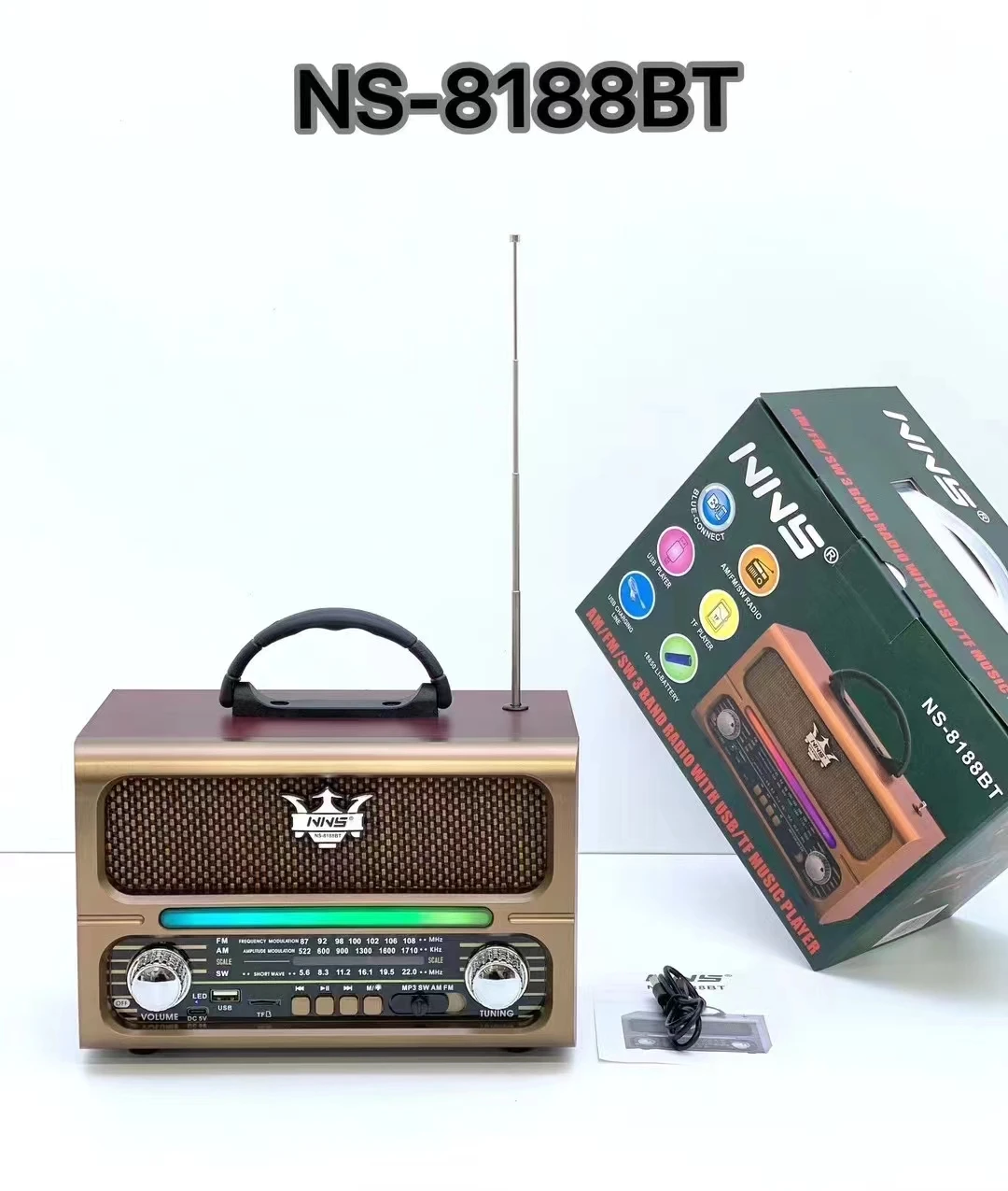 Nns Ns-8188bt Vintage Multi-Band Wooden Boxes Wireless Radio